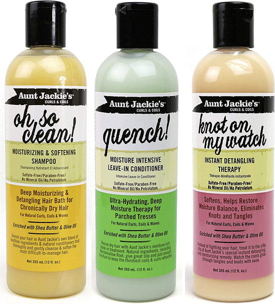 Aunt Jackie's Sulfate Free Trio Combo (Oh So Clean Shampoo, Knot on my Watch Detangler, Quench Leave-in Conditioner by Aunt Jackie's